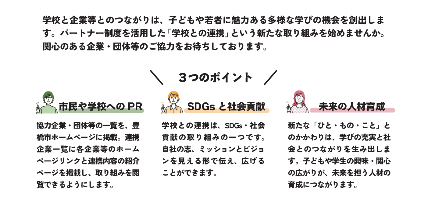 学校と企業等とのつながりは、子どもや若者に魅力ある多様な学びの機会を創出します。パートナー制度を活用した「学校との連携」という新たな取り組みを始めてみませんか。ご協力いただける企業・団体等を「学校と企業等をつなぐパートナー」として募集します。